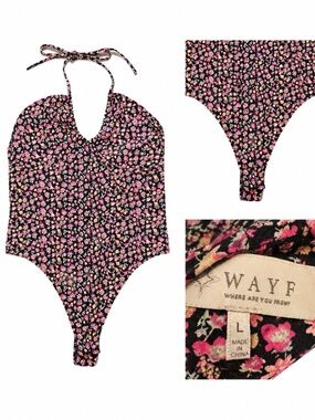 WAYF Black Ditsy Floral Halter Thong Bodysuit Size L
